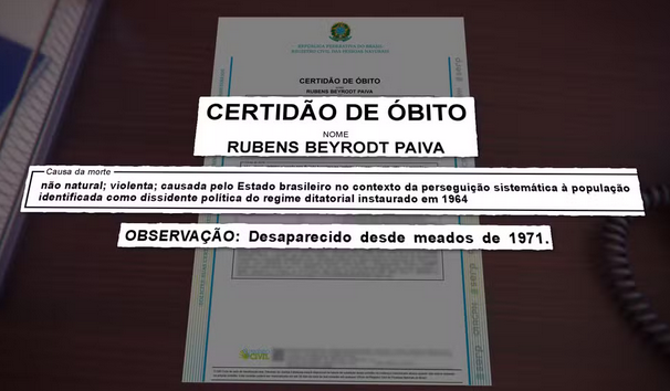 G1 - Certidão de óbito de Rubens Paiva é corrigida em SP; documento informa que morte foi 'violenta' e 'causada pelo Estado brasileiro'